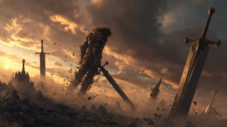Warrior sword fantasy armor dramatic sunset battlefield epic dust sky lone armored warrior stands among giant swords dramatic battlefield sunsetの素材