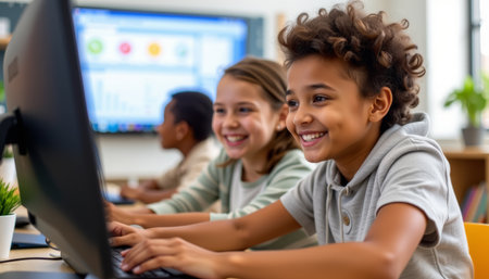 Smiling children using computer classroom learning technology teamwork happy diverse education focus modern schoolの素材
