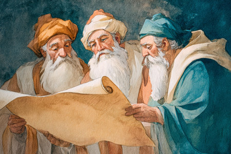 Three elderly men with white beards, wearing traditional robes and turbans, study ancient scroll together, appearing thoughtful and focusedの素材