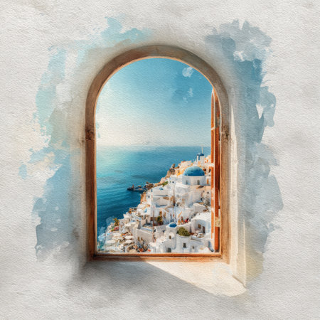 Mediterranean architecture sea blue white window travel summer scenic peaceful view of coastal village through arched window with watercolor effectの素材