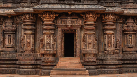 Ancient temple architecture stone carving entrance steps ornate historical India ancient temple entrance features ornate stone carving detailedの素材
