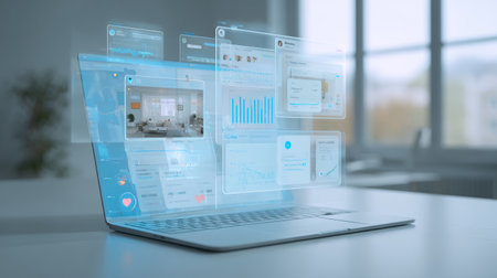 Futuristic laptop digital interface data visualization analytics technology innovation modern workspace virtual screen creativeの素材