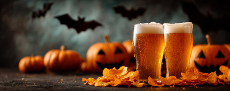 Two glasses of cold beer with foam, surrounded by potato chips, pumpkins, and flying bats, create festive Halloween party atmosphereの素材