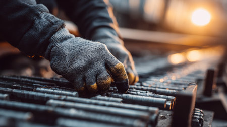 Worker hand with protective glove adjusting metal rod on industrial machine, warm sunlight, focus on hand, manufacturing process, hard workの素材