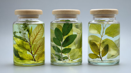 Green leaf glass jar preserved transparent wooden lid botanical natural arrangement fresh cleanの素材