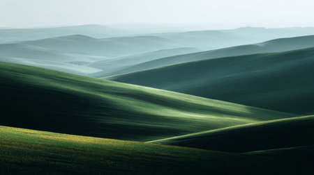 Rolling green hills soft sunlight tranquil landscape peaceful nature serene countryside gentle slopes misty morning calm atmosphereの素材