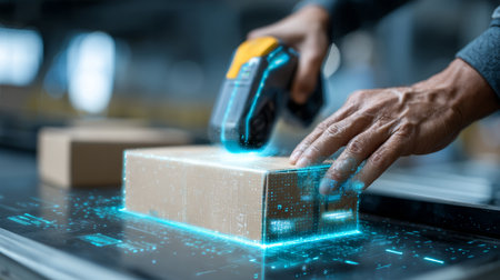 Hand barcode scanner cardboard box technology logistics shipping digital warehouse futuristic glowing Hand using barcode scanner cardboard boxの素材
