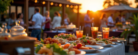 Outdoor catering buffet food drink fruit sandwich appetizer sunset people celebration relaxed atmosphereの素材