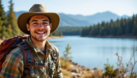 Joyful explorer with backpack, hat, plaid shirt, smiling near mountain lake, forest, outdoor adventure, sunny dayの素材