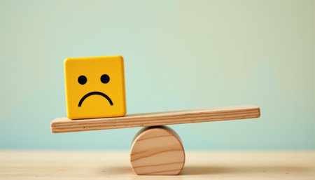 Yellow sad face block balance wooden seesaw emotional expression concept of mood stress mental health blue backgroundの素材