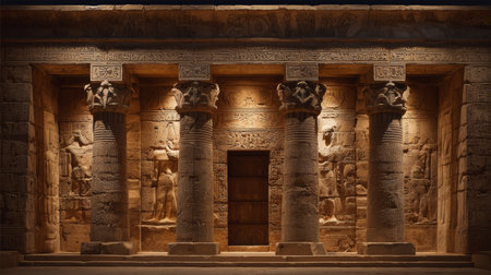 Ancient Egyptian temple stone column hieroglyph relief architecture historic illuminatedの素材