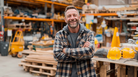 Smiling man in plaid shirt stands confidently in lumber warehouse, construction materials and safety equipment visible in backgroundの素材