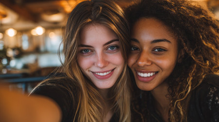 Smiling women friends selfie casual natural light happy candid close up indoor joyful momentの素材