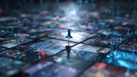 Blue pushpin digital screen technology data network futuristic focus information abstract connection. blue pushpin marks digital grid of screensの素材