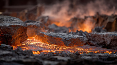 Molten lava, glowing orange and red, flows between dark volcanic rocks, creating dramatic and intense natural landscapeの素材