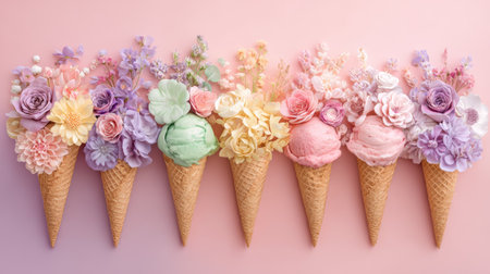 Ice cream cone pastel flower waffle cone pink background spring delicate floral sweet arrangement cheerfulの素材