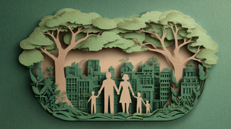 Family paper art city tree green nature environment urban eco sustainable Family holding hands green paper art city with trees symbolizing ecoの素材