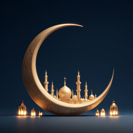 Golden crescent moon mosque lantern night Islamic Ramadan festival celebration glowing spiritualの素材