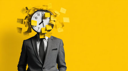Man suit clock sticky note yellow business time stress deadline surreal. man suit with clock for head covered sticky notes yellow backgroundの素材