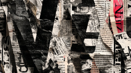 Torn newspaper collage with bold black letters, textured surface, vintage style, and touch of red accent, creating urban abstract artの素材