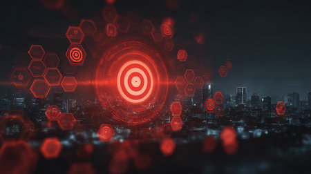 Red digital target interface with hexagonal elements overlays cityscape at night, symbolizing cybersecurity, technology, and data protectionの素材