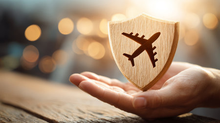 Airplane shield hand protection travel insurance safety security wooden concept Airplane shield hand symbolizes travel protection insuranceの素材