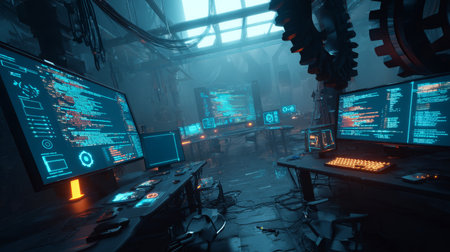 Futuristic cyberpunk server room with glowing computer screens, coding interface, dark industrial atmosphere, and advanced technologyの素材