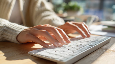 Woman hand typing keyboard computer desk office sunlight sweater workspace Woman hand typing keyboard desk sunlight cozy workspace productiveの素材