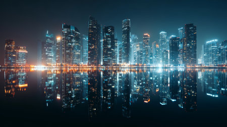 Modern cityscape night skyscraper reflection water illuminated urban architecture skyline futuristic vibrant peaceful tranquilの素材