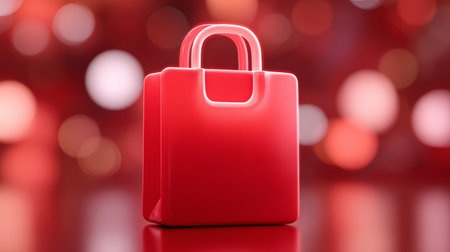 Red shopping bag glossy surface modern style bokeh background retail concept festive mood minimal design vibrant colorの素材