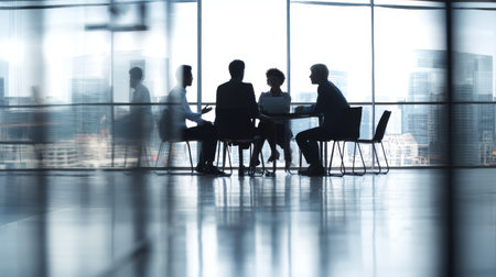 Business meeting office teamwork discussion collaboration professional corporate group modern city view. diverse team sits around table brightの素材