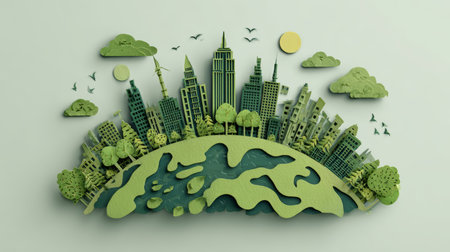 Eco cityscape green building sustainable architecture urban forest paper art environmental nature modern creative peacefulの素材