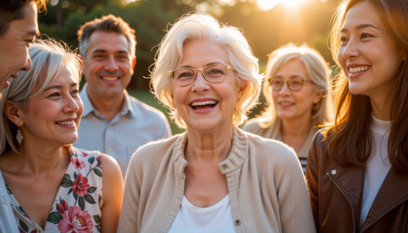 Elegant elderly woman laughing surrounded by family and friends outdoors, joyful atmosphere, sunlight, casual clothing, happy expressionsの素材