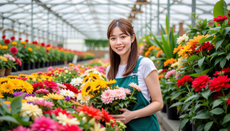 Young woman florist holding bouquet, surrounded by colorful flowers in greenhouse, cheerful atmosphere, floral industryの素材