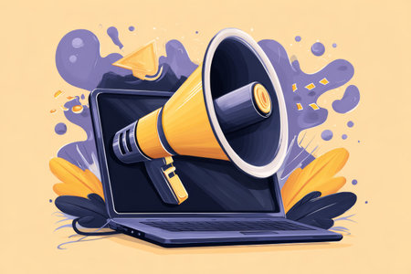 Megaphone laptop digital announcement communication yellow purple splash technology creative. digital megaphone emerges from laptop symbolizingの素材