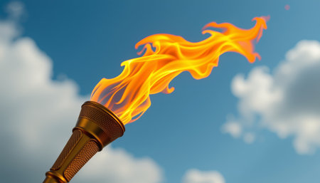 Torch flame fire swirl sky cloud gold metal outdoor bright. Torch flame swirling against blue sky with clouds golden metal detail energetic moodの素材