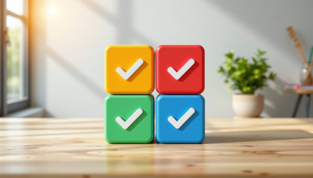 Colorful blocks with check marks yellow red green blue on wooden table sunlight modern interior cheerful moodの素材