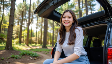 Smiling woman long hair casual clothing sitting car trunk forest outdoor nature sunlight cheerfulの素材