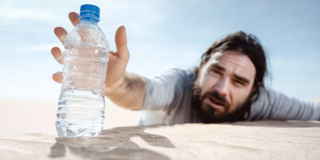 Thirsty man reaching for water bottle in desert, desperate expression, survival, hot sand, blue sky, sunlightの素材