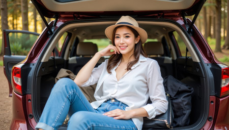 Woman car hat casual jeans forest travel outdoor cheerful sitting Relaxed woman hat and casual outfit sitting car trunk enjoying outdoor forestの素材