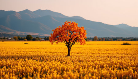 Single orange tree stands in golden field with mountain background, autumn landscape, peaceful and vibrant sceneの素材