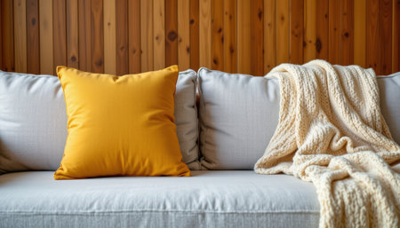 Yellow cushion cozy blanket soft sofa wooden wall comfortable living room warm inviting relaxation home interior modernの素材