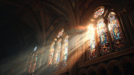 Sunlight streaming through colorful stained glass window, gothic cathedral interior, peaceful, spiritual, historic, ornate architectureの素材