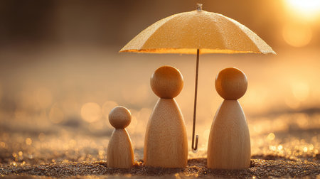 Wooden figure family umbrella protection sand sunlight warm safety parent child togetherness concept care support happinessの素材