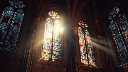 Sunlight streaming through colorful stained glass window, gothic church interior, peaceful, spiritual, ornate architecture, tranquil atmosphereの素材