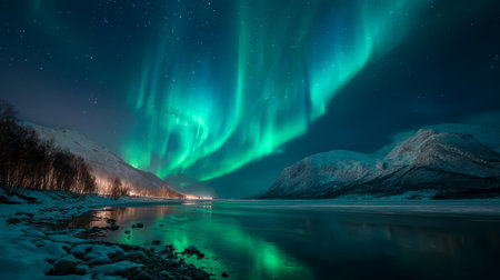 Northern lights aurora night sky mountain snow winter reflection landscape river tranquil northern lights illuminate night sky above snowyの素材