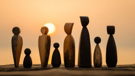 Wooden figure family sunset silhouette abstract sculpture outdoor peaceful together art. Wooden abstract family figures stand together sunsetの素材