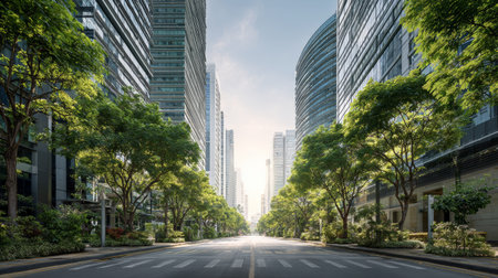 Modern city street, tall glass building, green tree, empty road, urban landscape, sunlight, peaceful morningの素材