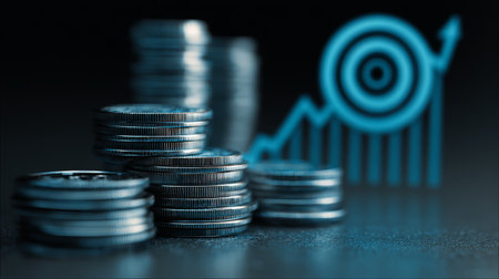 Stacked coin finance investment growth business wealth saving and success concept with blue upward graph and target symbolの素材
