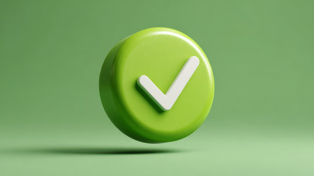 Green check mark icon, floating in midair, symbolizes approval, success, confirmation, and positive result on solid green backgroundの素材